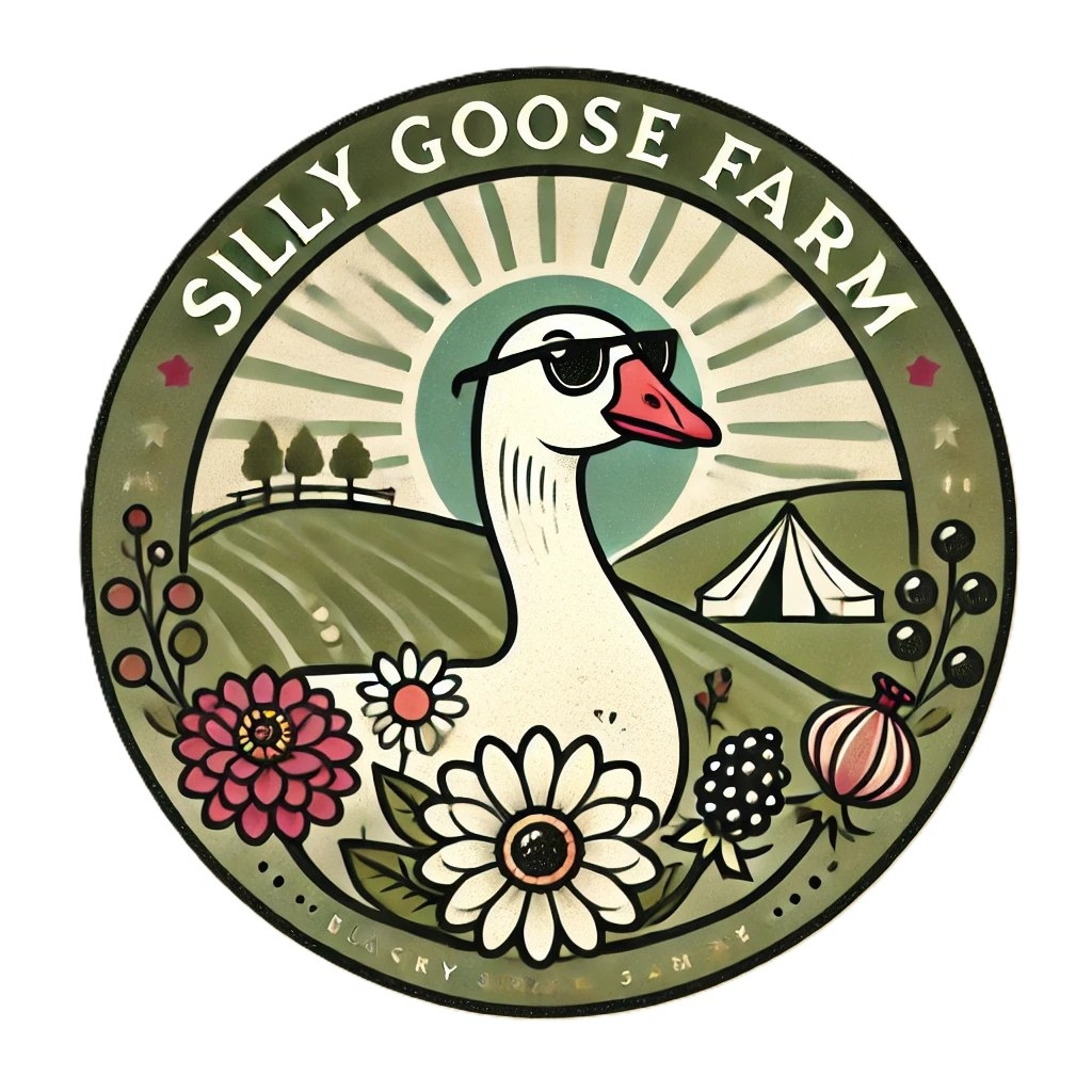 The Silly Goose Farm badge: a goose in sunglasses among flowers and blackberries, a tent on the hills behind